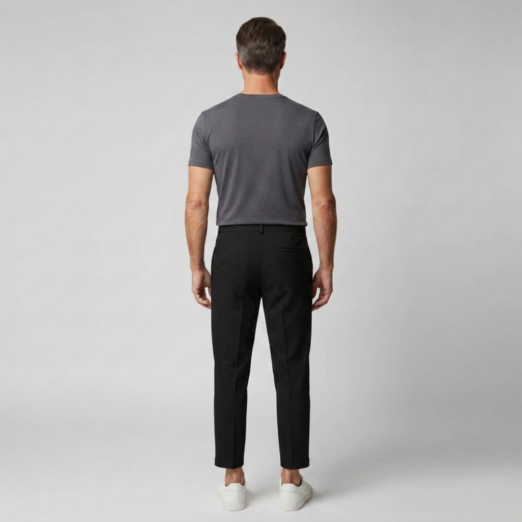 Schwarze Chinohose mit Gesäßtasche, Rückenansicht am Model