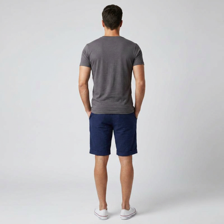 Herren Leinen Shorts Dunkelblau, Rückansicht mit Gesäßtaschen
