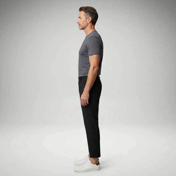 Schwarze Chinohose mit schmalem Beinverlauf, Seitenansicht am Model