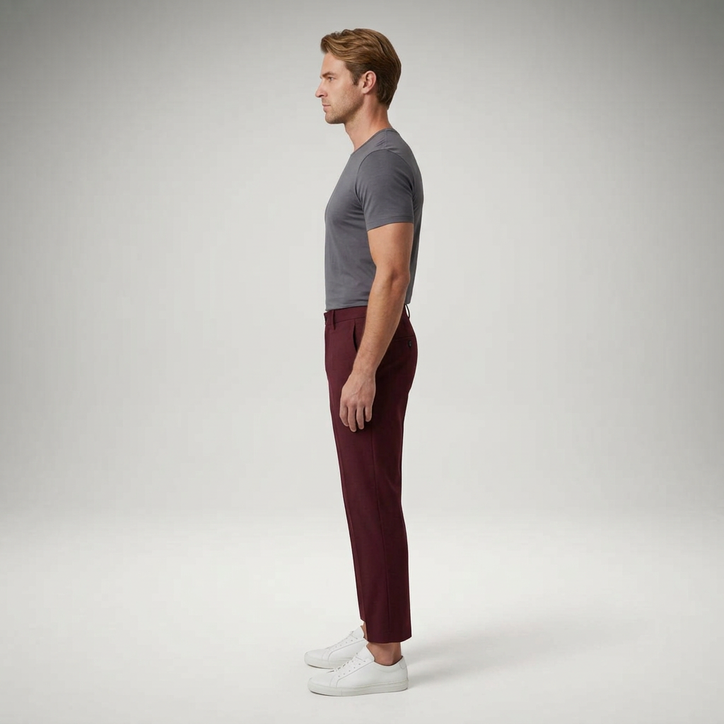 Bordeauxrote Chinohose, schmale Passform, Seitenansicht am Model
