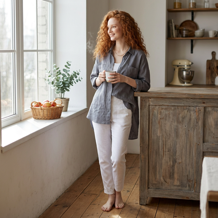 Graue Hemdbluse im lässigen Homelook über weisser Hose