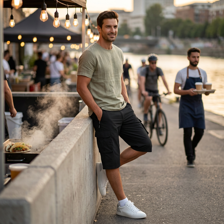 Cargo Shorts Herren Schwarz, Streetstyle-Outfit am Wasser