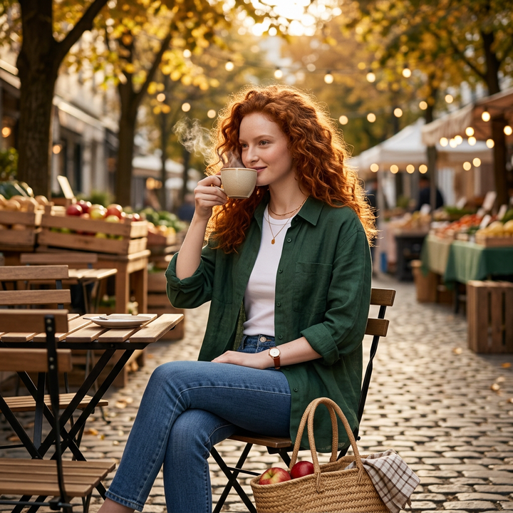 Dunkelgrüne Hemdbluse als offene Überjacke im Café-Ambiente