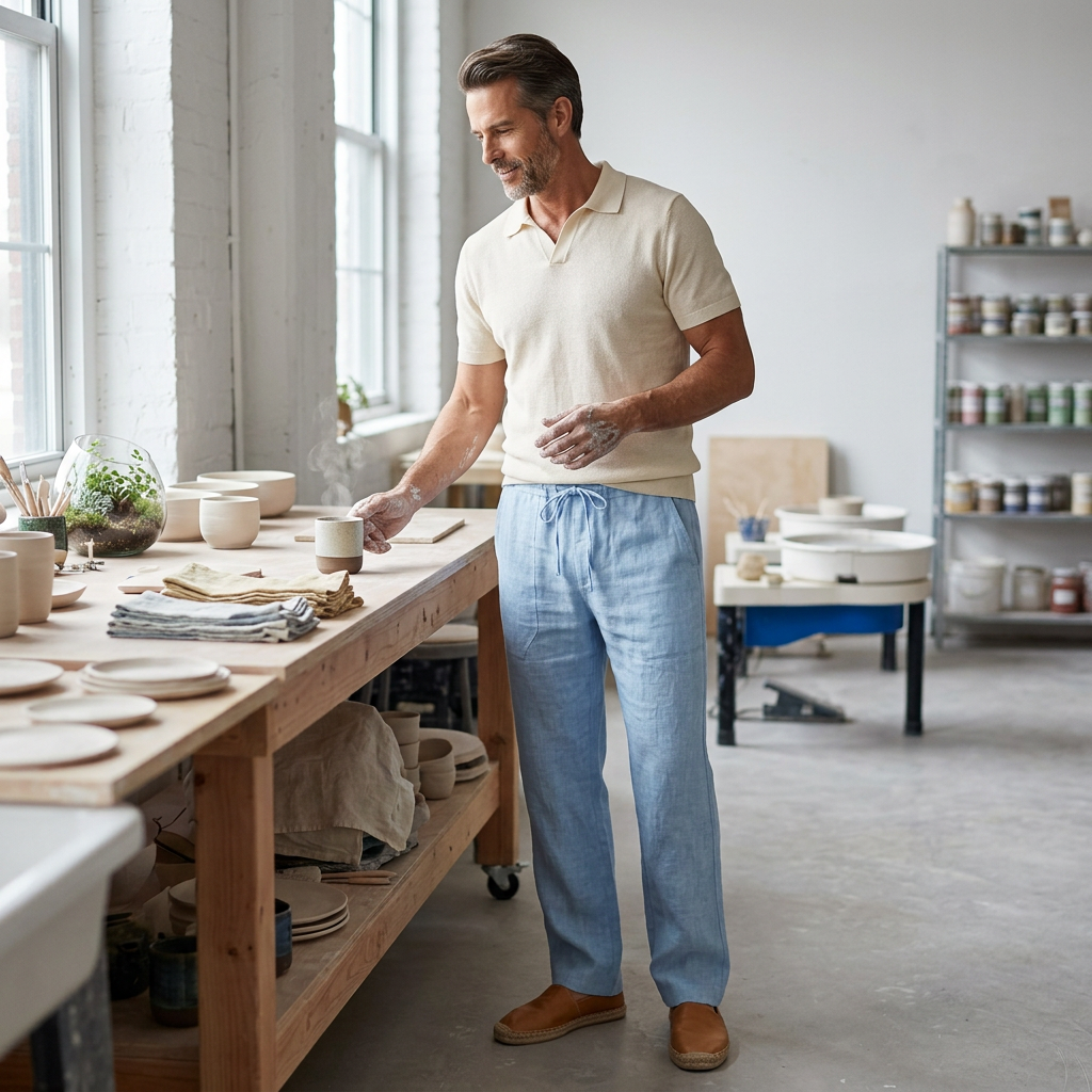 Herren Leinenhose Hellblau, Styling-Aufnahme in Keramikwerkstatt