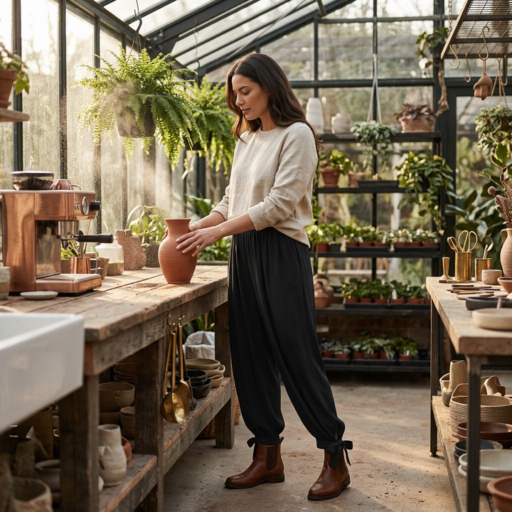 Schwarze Ballonhose mit Strickpullover, Lifestyle-Aufnahme im Gewächshaus