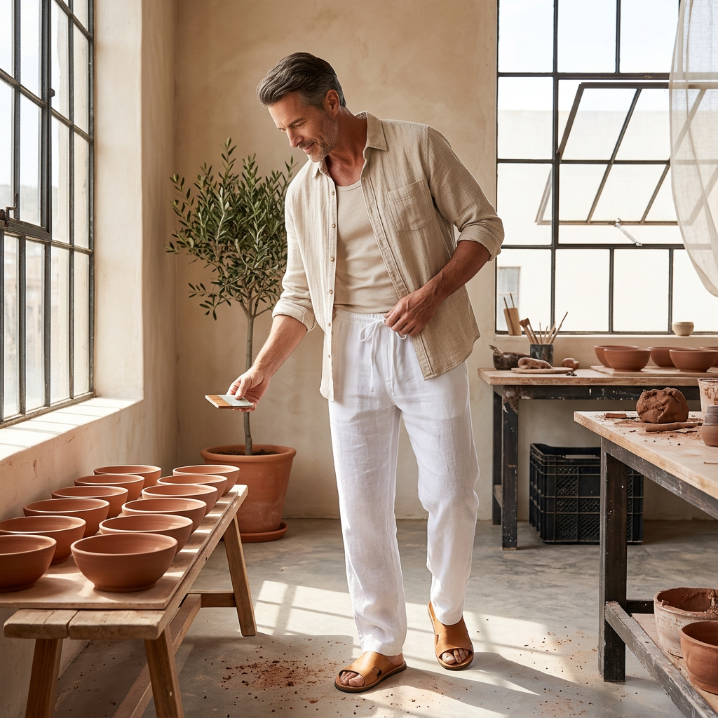 Herren Leinenhose Weiß, Styling-Aufnahme in Keramikwerkstatt