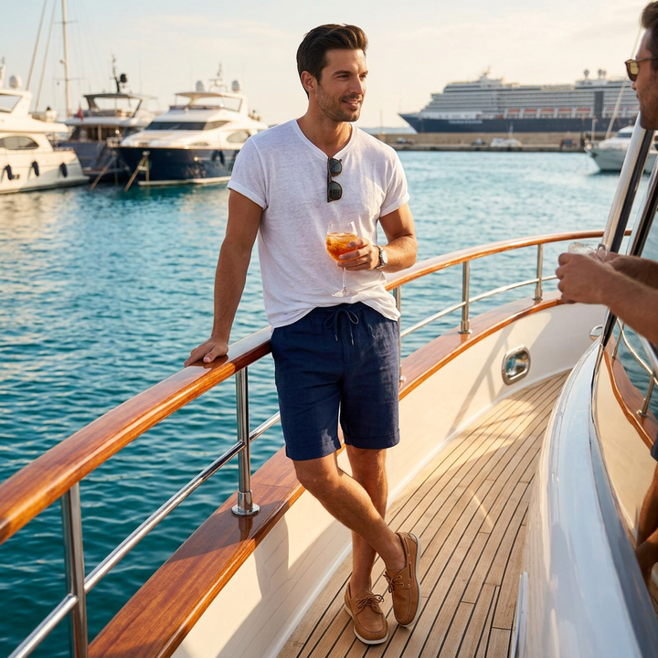 Herren Leinen Shorts Dunkelblau im Sommer-Styling auf Yacht