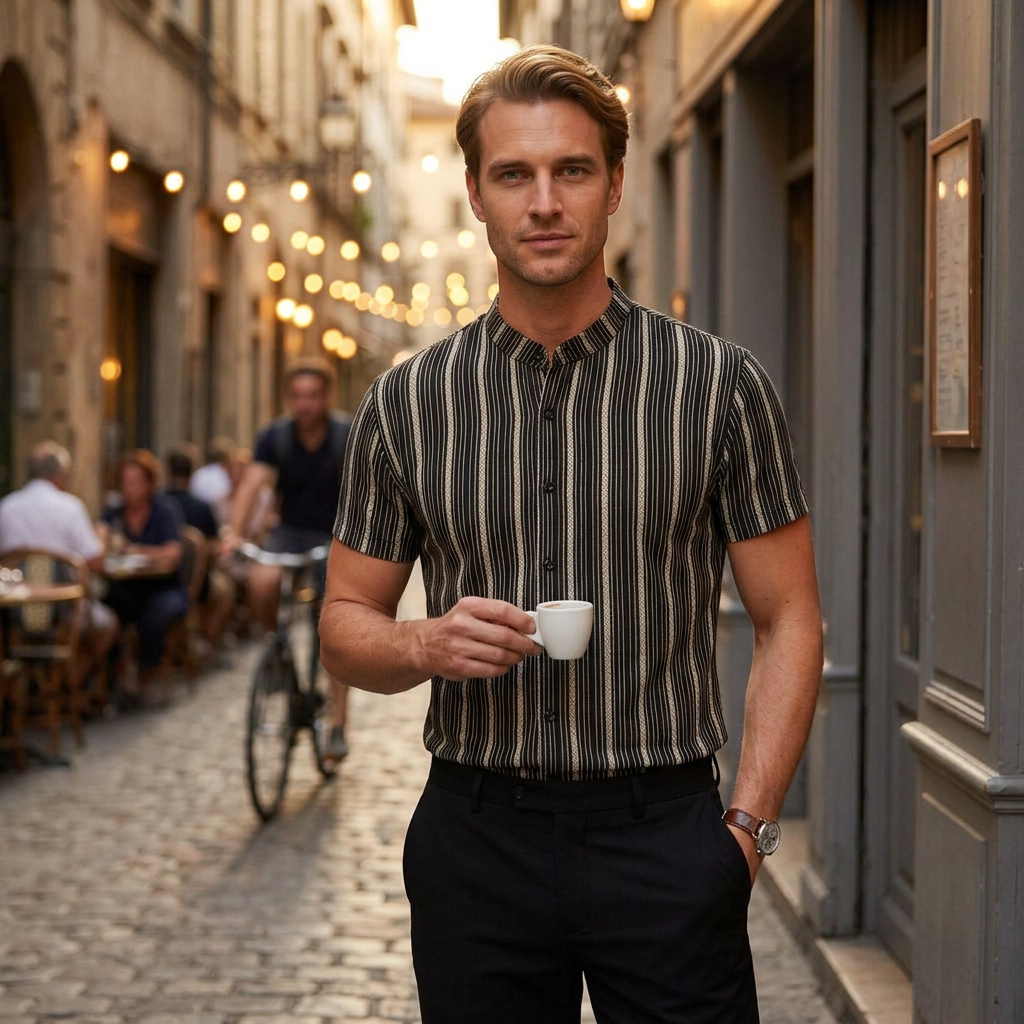 Herren Streifenhemd, schwarz-beige gestreift, Styling im Straßencafé