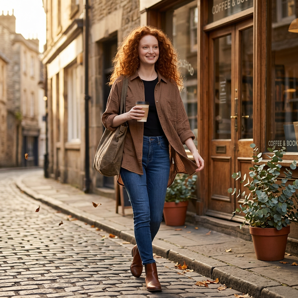 Khakifarbene Hemdbluse als offene Überjacke im Streetstyle-Look
