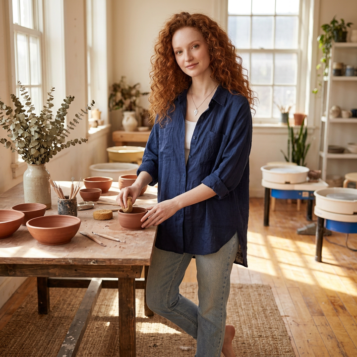 Dunkelblaue Hemdbluse im Werkstatt-Look über Jeans