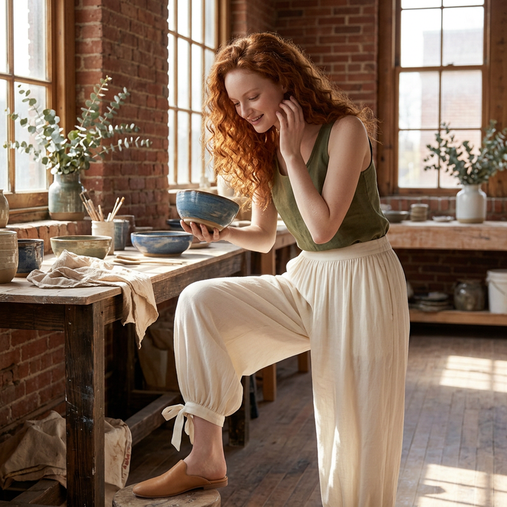 Cremefarbene Ballonhose mit Tanktop, Lifestyle-Aufnahme im Atelier