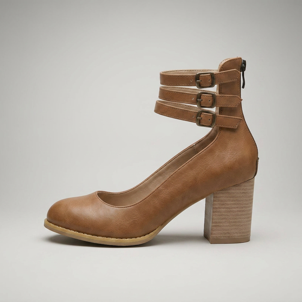 Braune Pumps mit Schnallenriemen am Knöchel, Seitenansicht