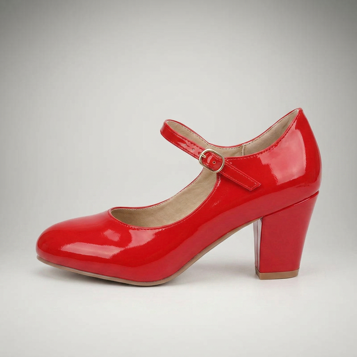 Rote Lackpumps mit Blockabsatz, Seitenansicht