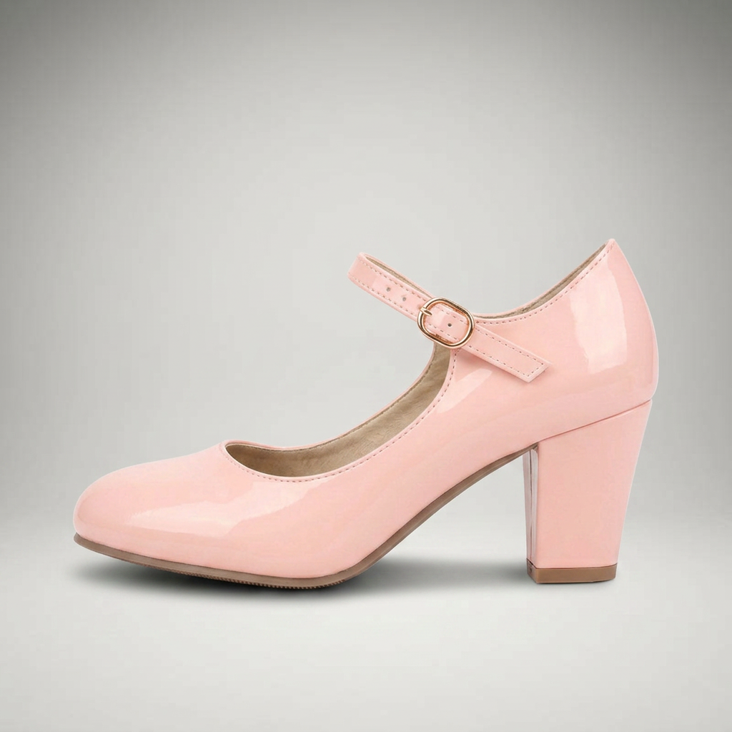 Rosa Lackpumps mit Blockabsatz, Seitenansicht