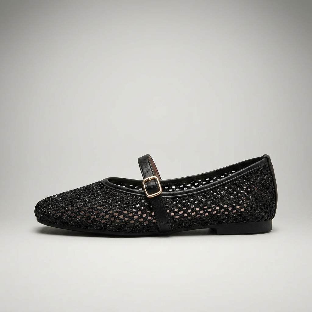 Schwarz — Mary Jane Flat, Mesh-Cutout, Seitenansicht