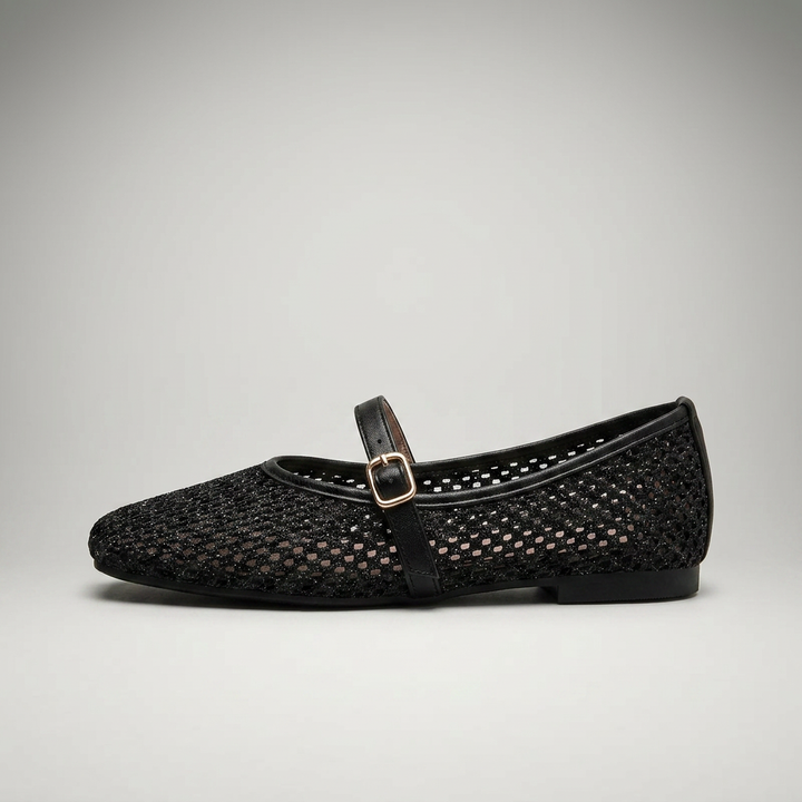 Schwarz — Mary Jane Flat, Mesh-Cutout, Seitenansicht