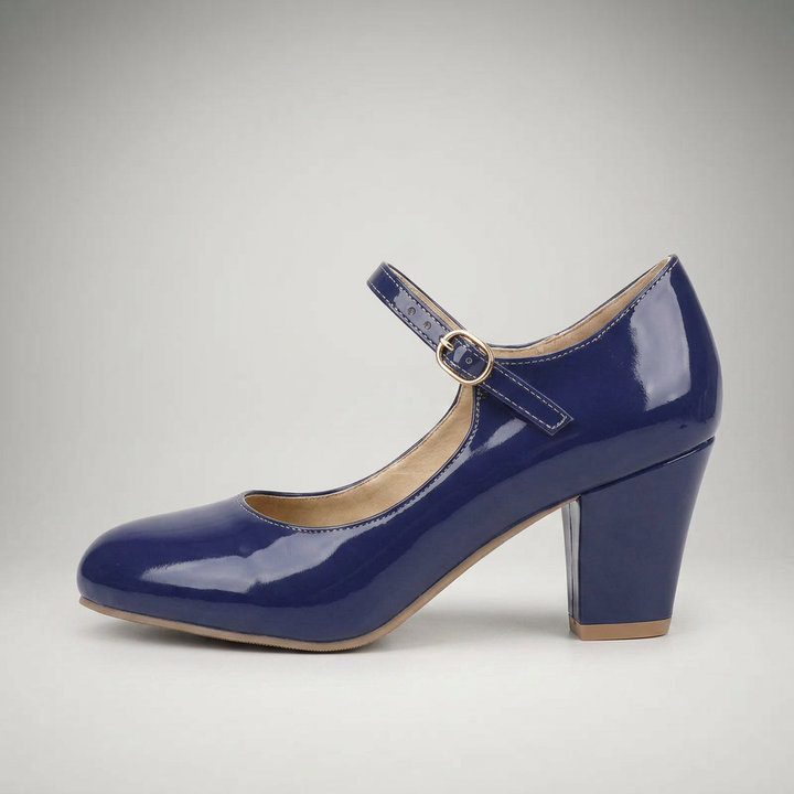 Dunkelblaue Lackpumps mit Blockabsatz, Seitenansicht