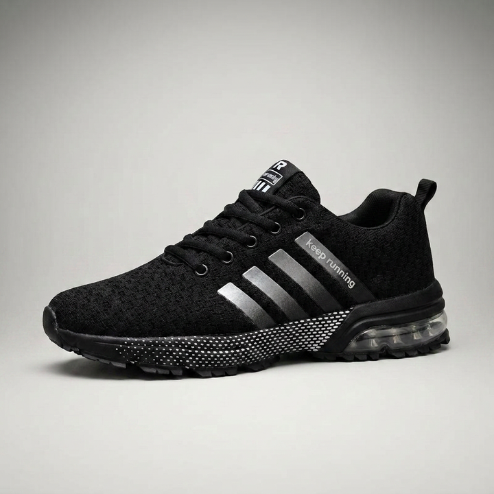 Schwarzer Sneaker mit Mesh-Obermaterial, Seitenansicht