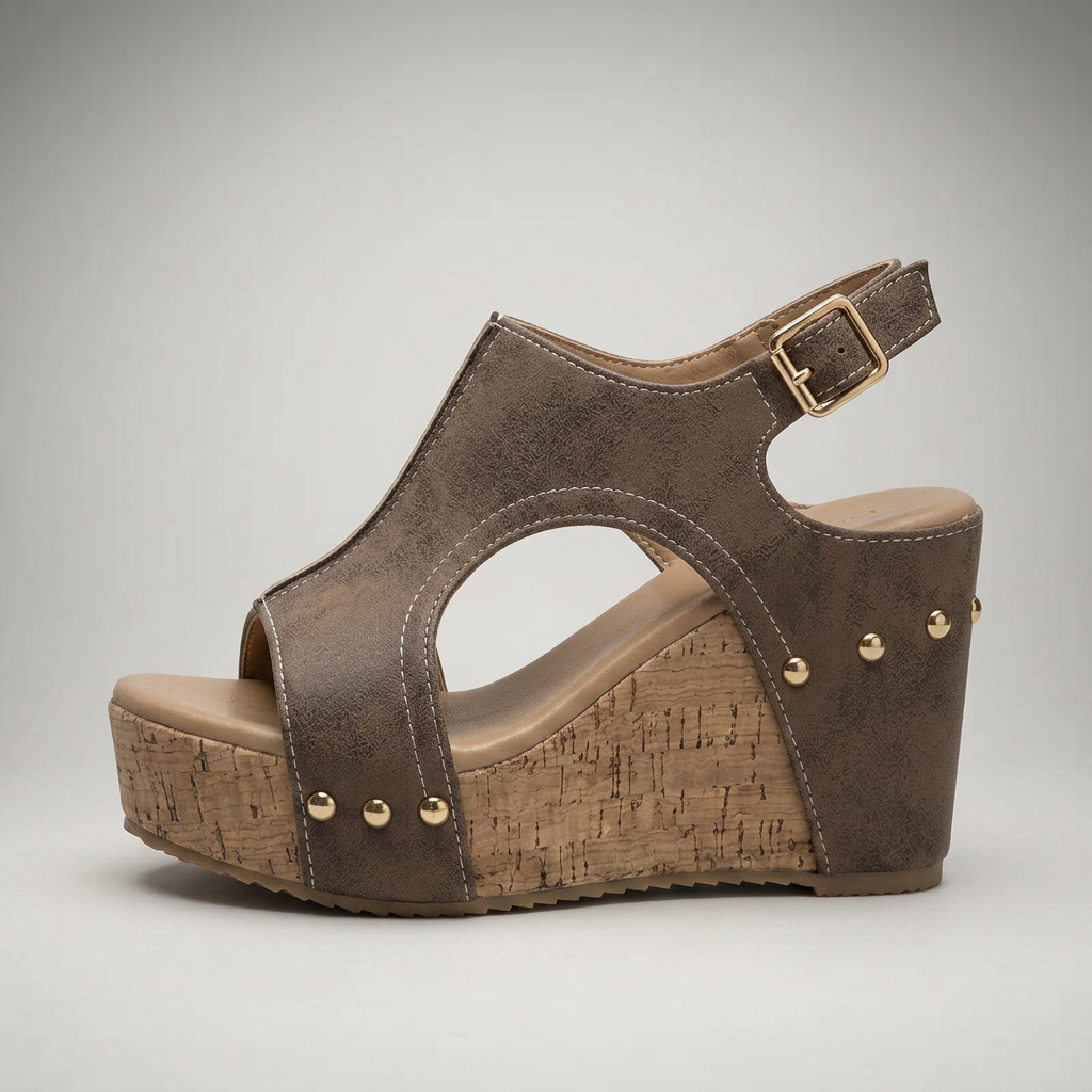 Taupefarbene Keilsandalette mit Kork-Absatz, Seitenansicht