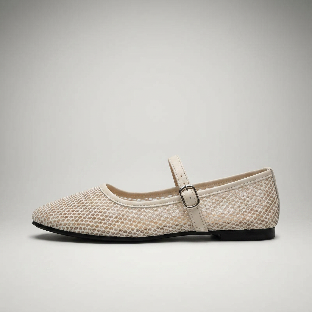 Beige Mesh Mary Jane Flats mit Schnallenriemen, Seitenansicht