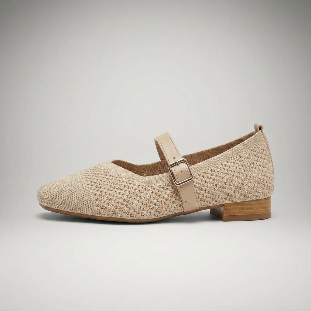 Beige Mary-Jane-Ballerina aus Strickmesh, Seitenansicht