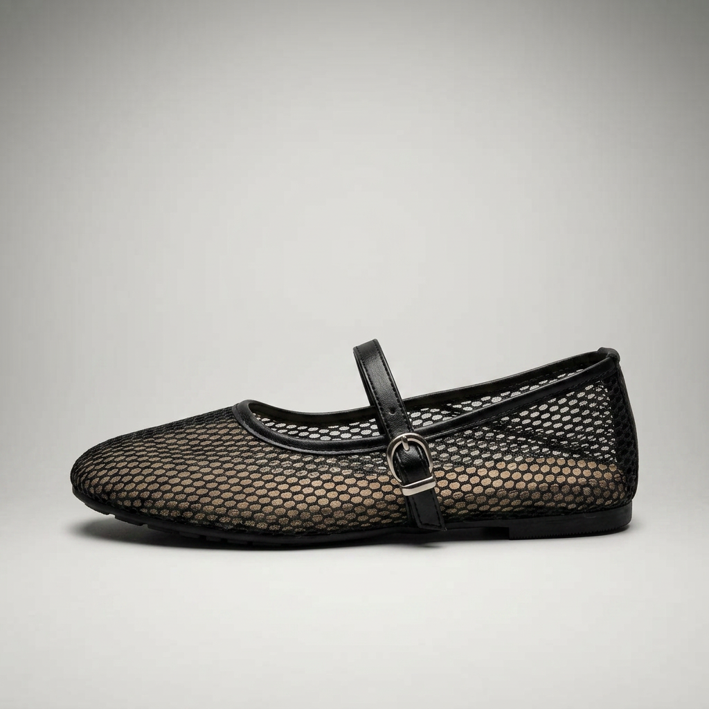 Schwarze Mesh Mary Jane Flats mit Schnallenriemen, Seitenansicht