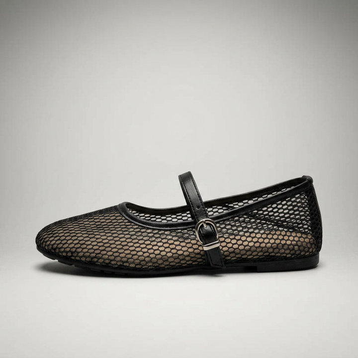 Schwarze Mesh Mary Jane Flats mit Schnallenriemen, Seitenansicht