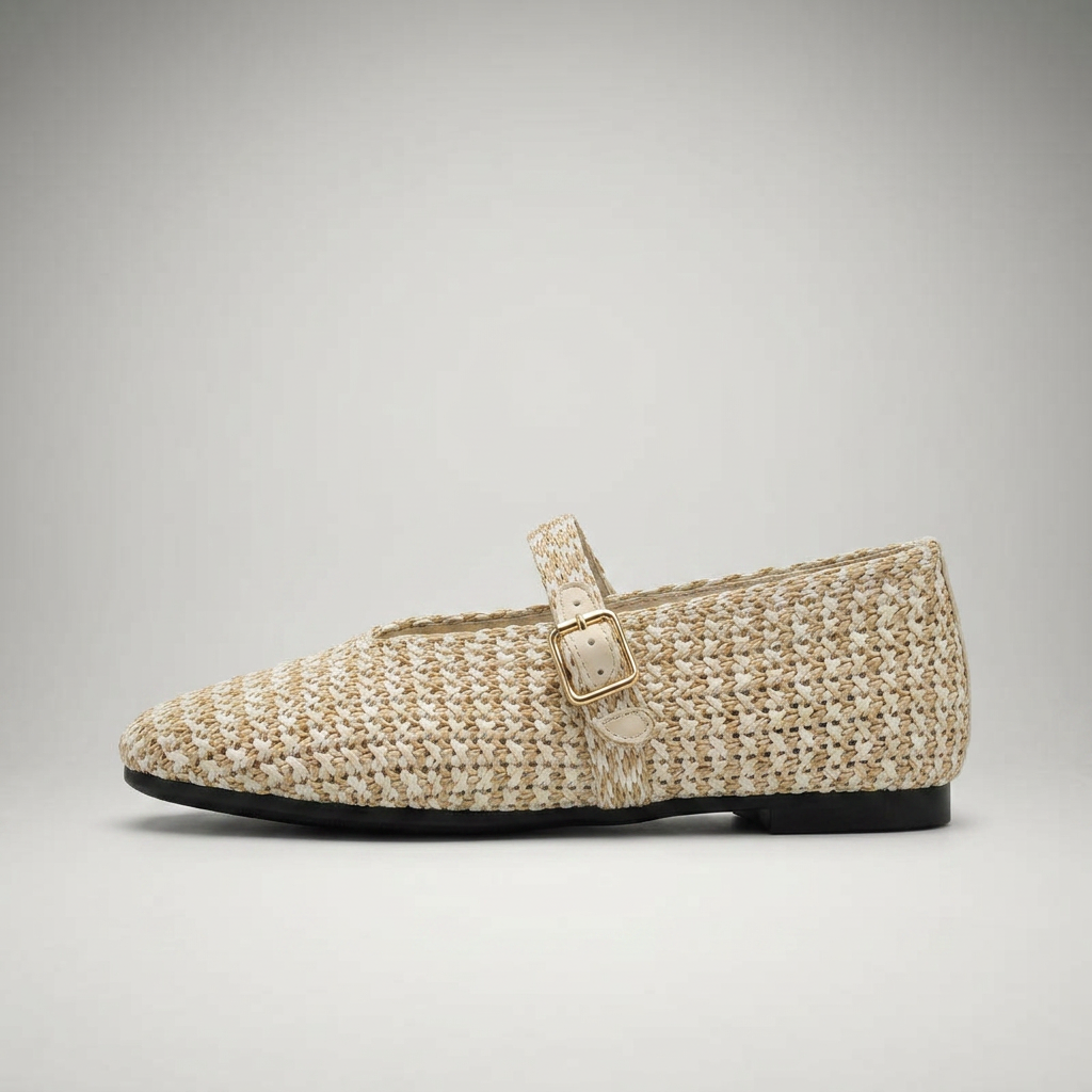 Mary Jane Slipper in Beige-Weiß meliert geflochten, Seitenansicht mit Schnalle