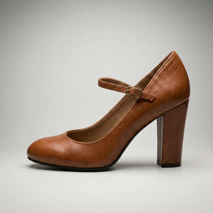 Braune Mary-Jane Pumps Seitenansicht mit hohem Blockabsatz und Riemchen