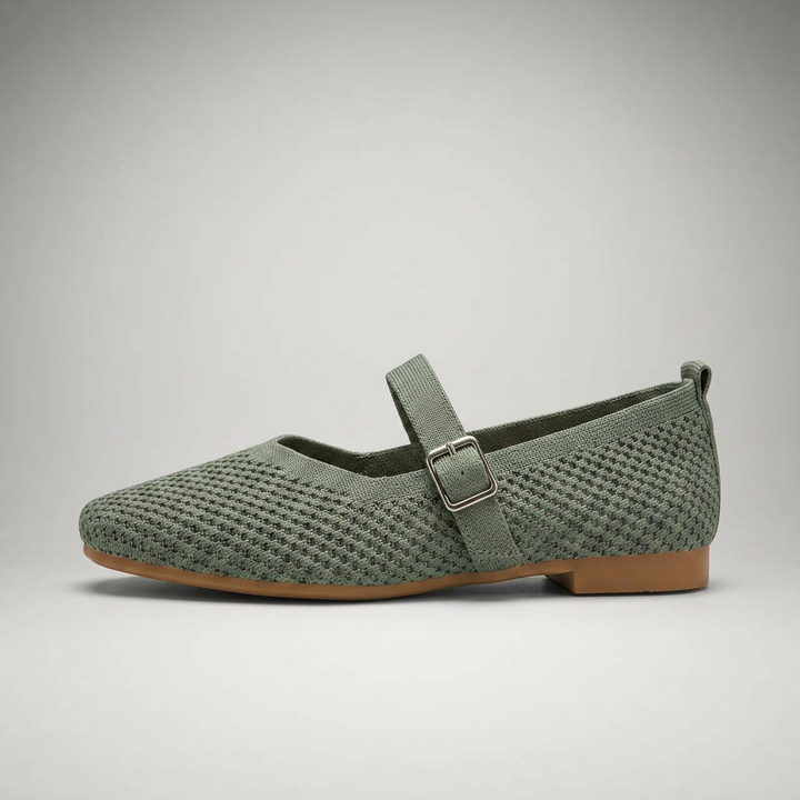 Grüne Mary-Jane-Ballerina aus Strickmesh, Seitenansicht