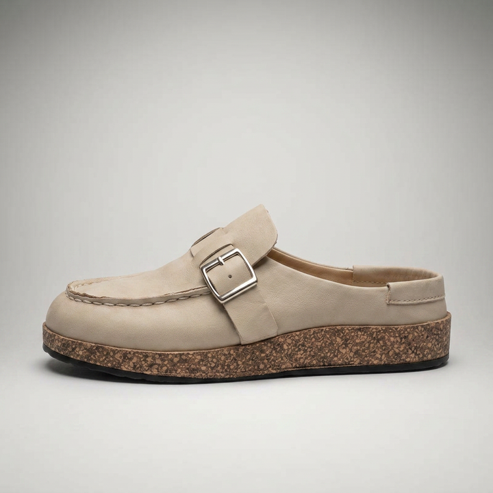 Beige Sandale-Mule mit Schnalle, Seitenansicht