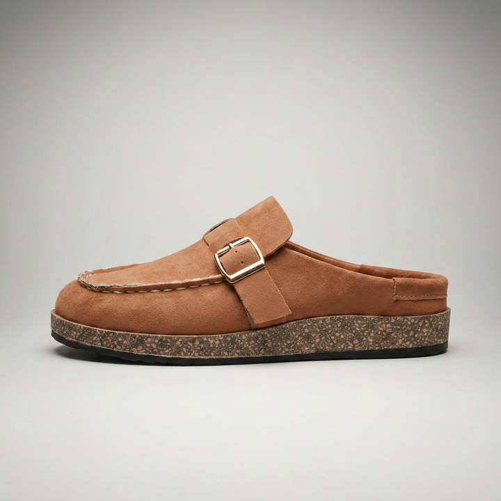 Braune Sandale-Mule mit goldener Schnalle, Seitenansicht