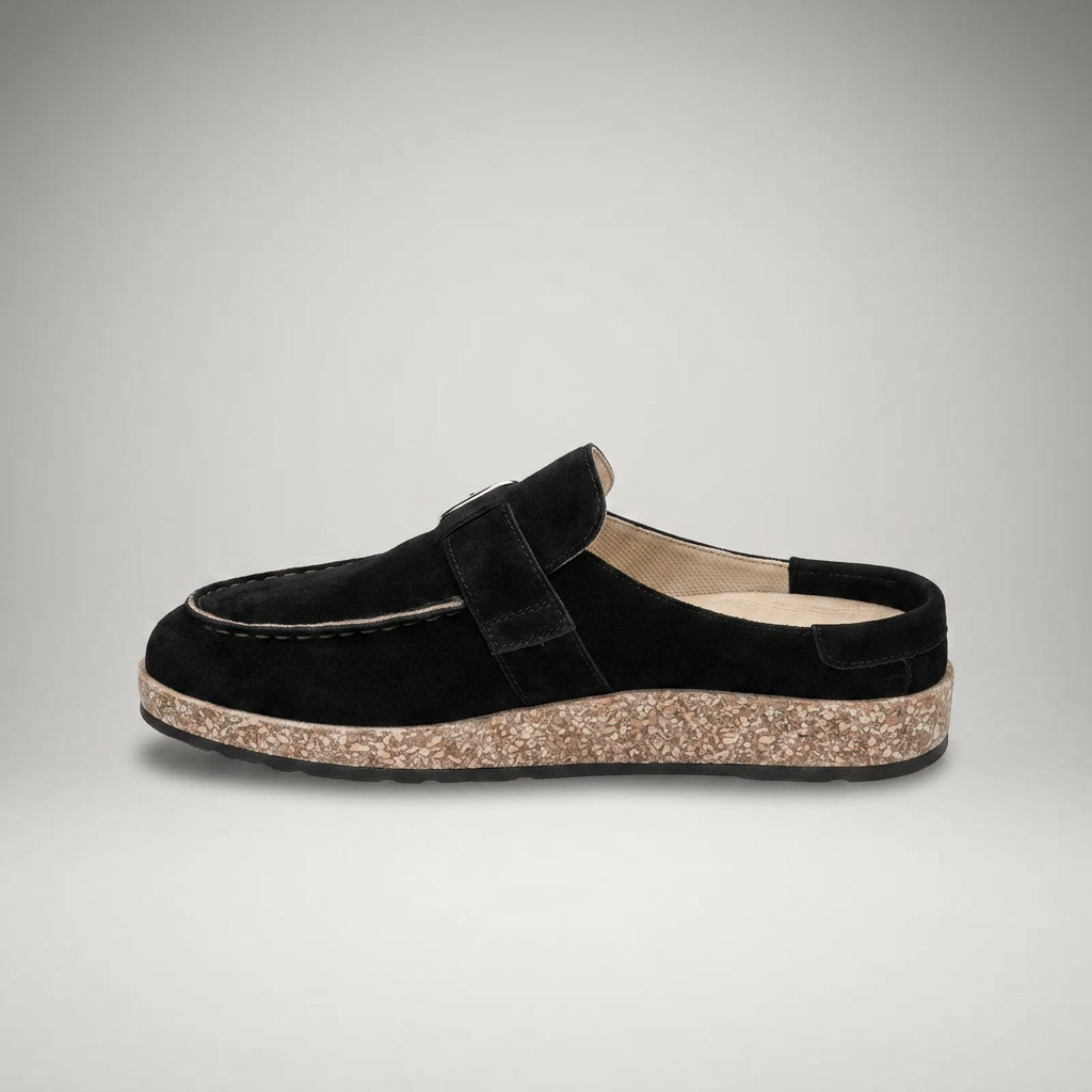 Schwarze Sandale-Mule mit Schnalle und Kork-Sohle, Seitenansicht