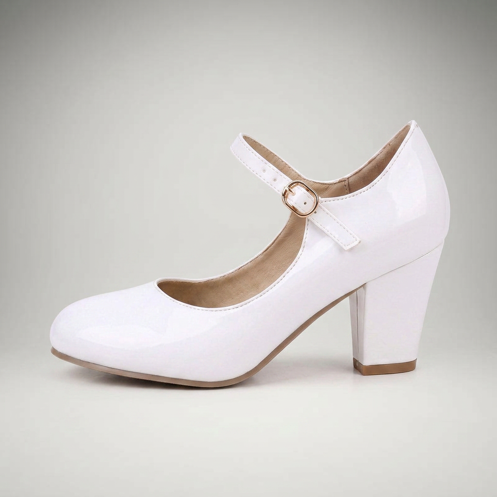Weiße Lackpumps mit Blockabsatz, Seitenansicht