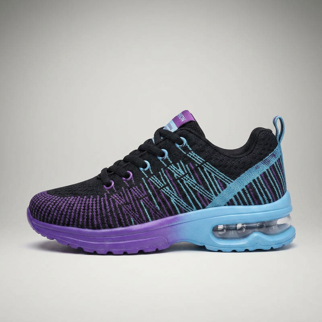 Damen Sneaker Schwarz-Lila mit Blau-Akzenten, Seitenansicht