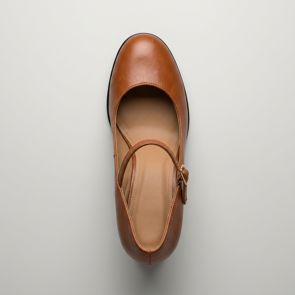 Braune Mary-Jane Pumps von oben mit Riemchen und goldfarbener Schnalle