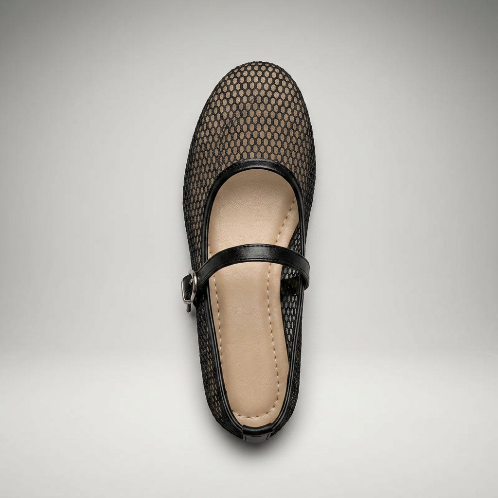 Schwarze Mary Jane Flats von oben mit Riemenschnalle und Mesh-Obermaterial