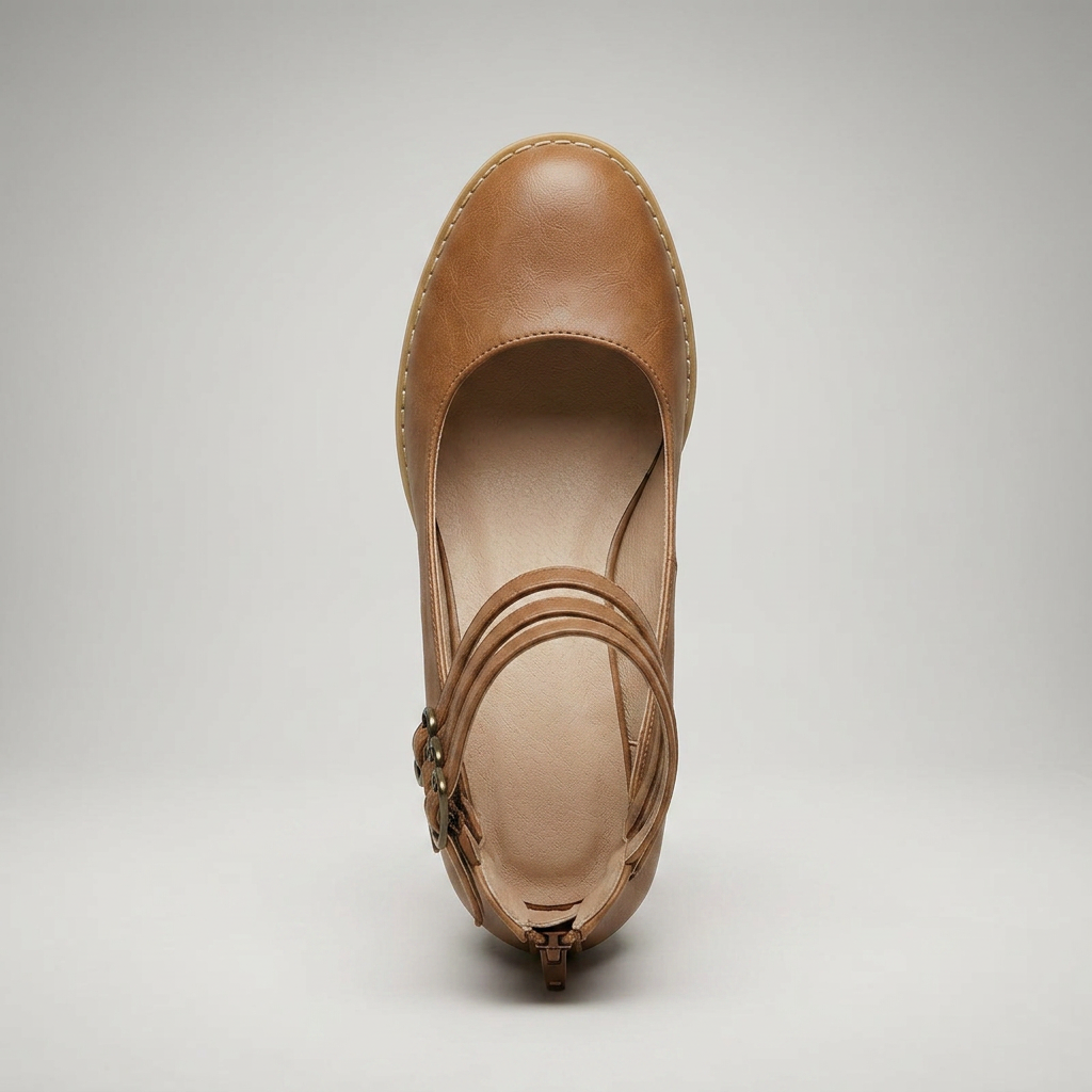 Braune Pumps von oben mit sichtbaren Schnallenriemen, Vogelperspektive