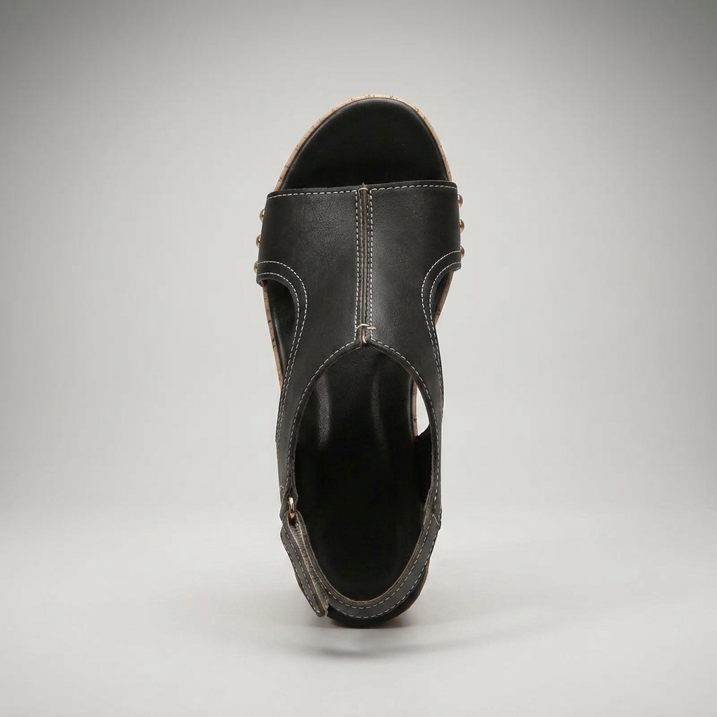 Schwarze Keilsandalette mit Kork-Sohle, Ansicht von oben