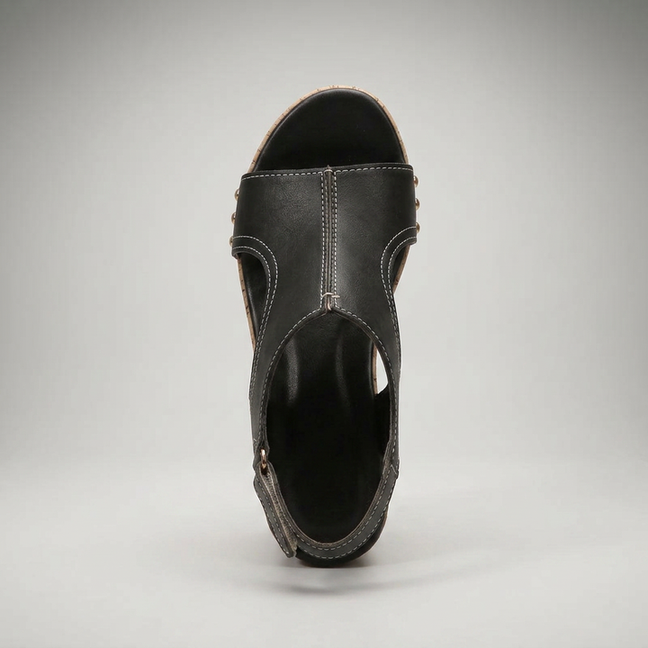 Schwarze Keilsandalette mit Kork-Sohle, Ansicht von oben