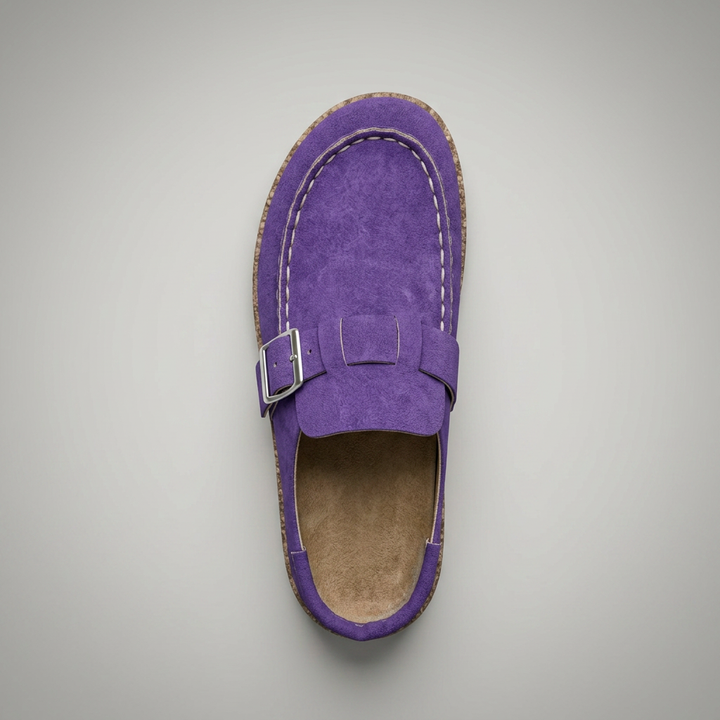 Lila Sandale-Mule mit Kork-Sohle, Ansicht von oben