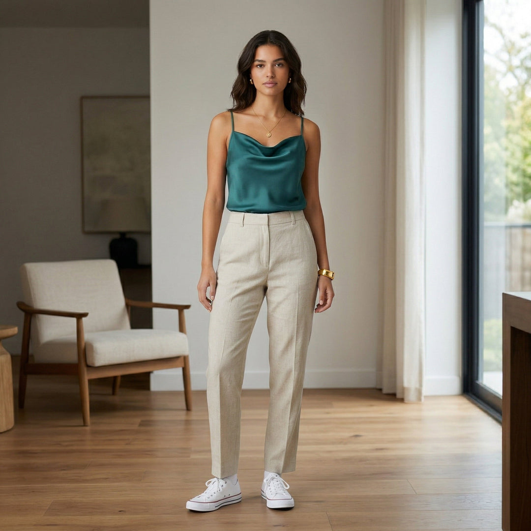 Satin-Cami-Top kombiniert mit Leinenhose und Sneakers
