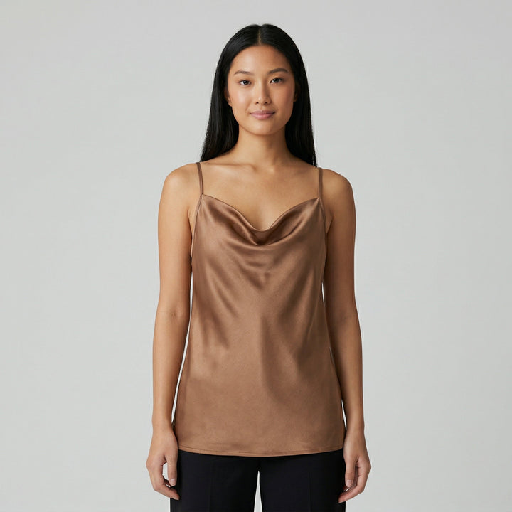 Satin-Cami-Top in Khaki mit Cowl-Neck, Vorderansicht