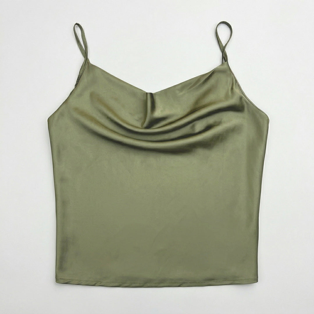 Satin-Cami-Top in Olivgrün mit Cowl-Neck, Draufsicht