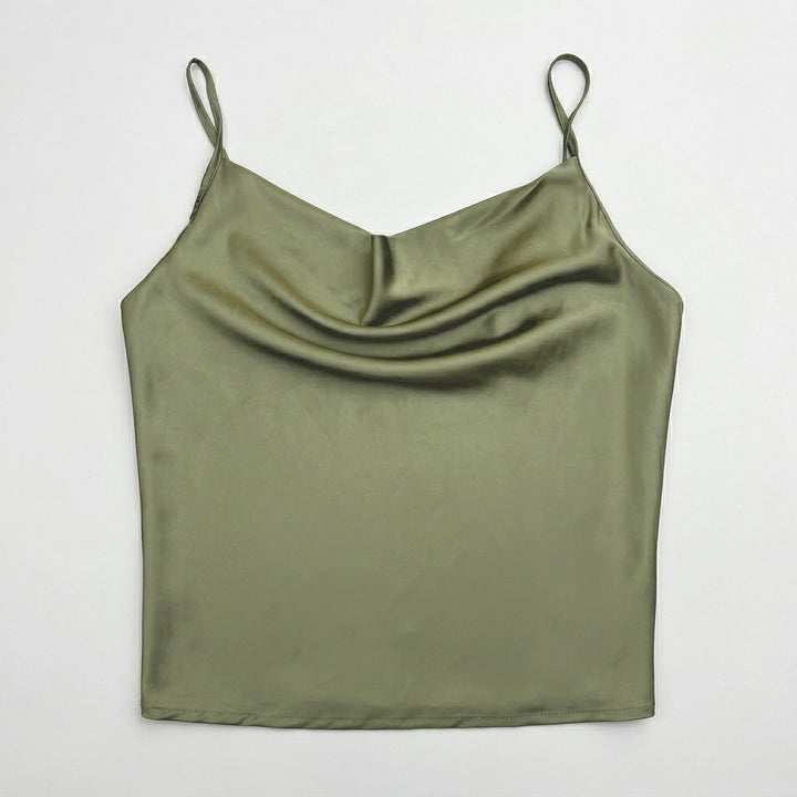 Satin-Cami-Top in Olivgrün mit Cowl-Neck, Draufsicht