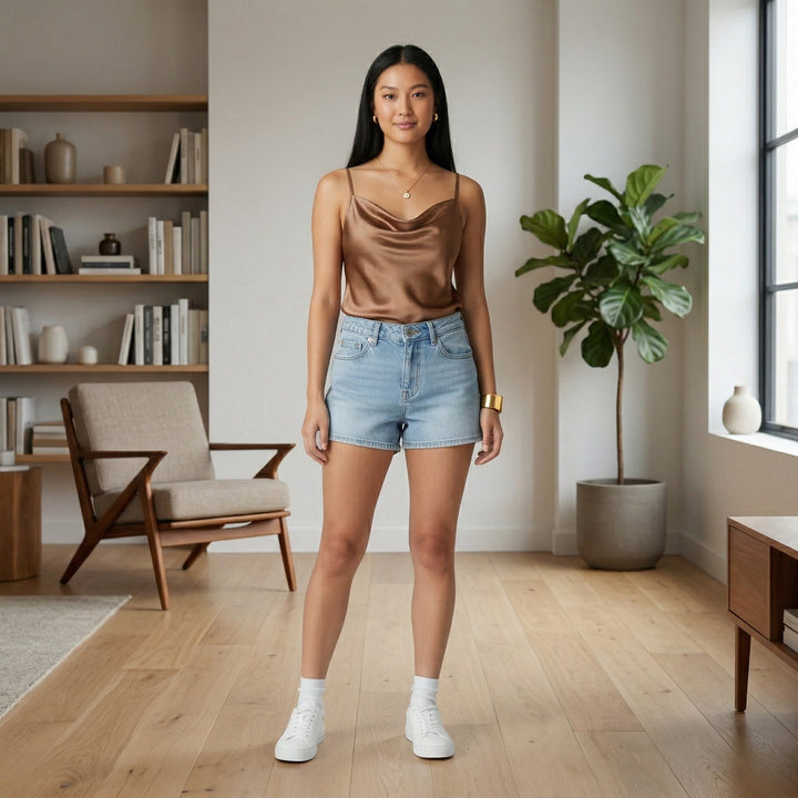 Satin-Cami-Top in Khaki mit Jeansshorts und Sneakers