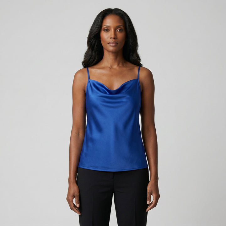 Satin-Cami-Top in kräftigem Blau mit Cowl-Neck, Vorderansicht