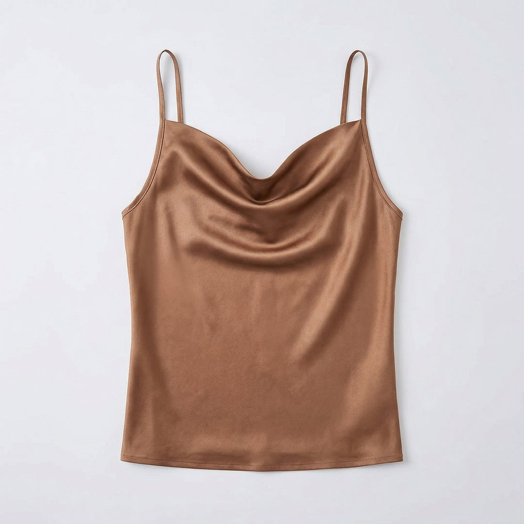 Satin-Cami-Top in Khaki mit Cowl-Neck, Draufsicht