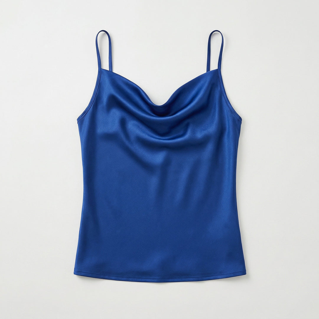 Satin-Cami-Top in kräftigem Blau mit Cowl-Neck, Draufsicht