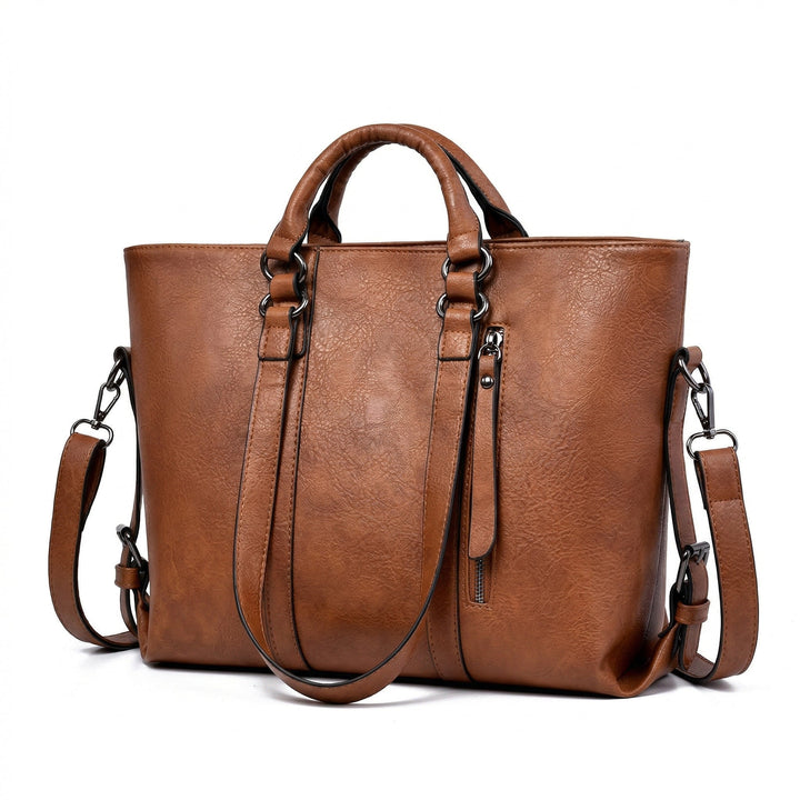 Große Schultertasche Cognac Kunstleder mit Kurzhenkel und Schulterriemen, Frontansicht
